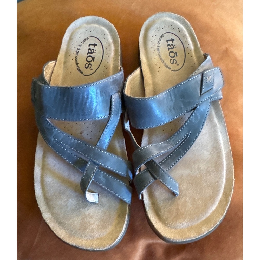 Taos Leather Sandals Steel Petrol Blue Toe Loop Comfort Slides Boho Women's 8